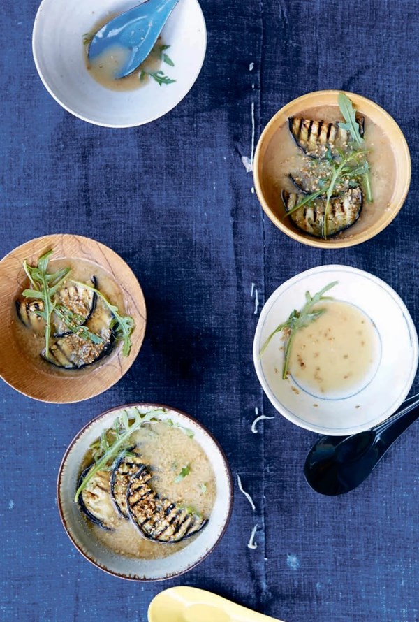 Miso soup with grilled eggplant and sesame