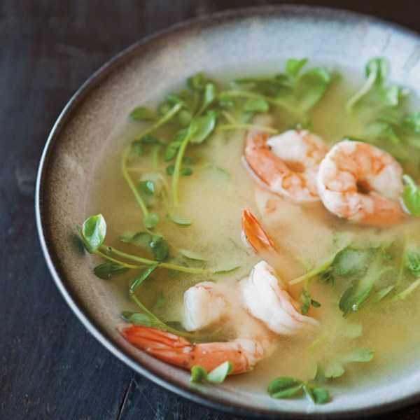 Miso soup with shrimp & pea shoots