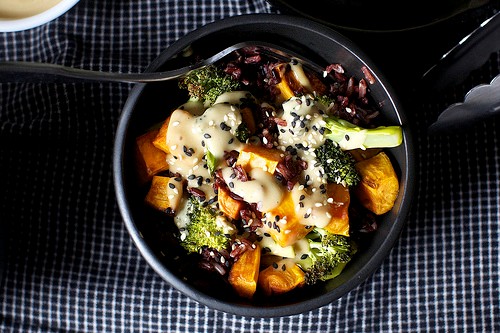 Miso sweet potato and broccoli bowl (with miso-sesame dressing)