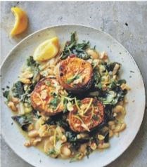 Miso sweet potato steaks with white beans & chard