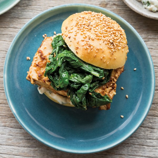 Miso tofu burgers with sautéed chard & Asian mayonnaise