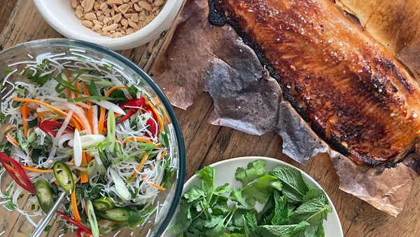 Miso trout & pickled noodle salad