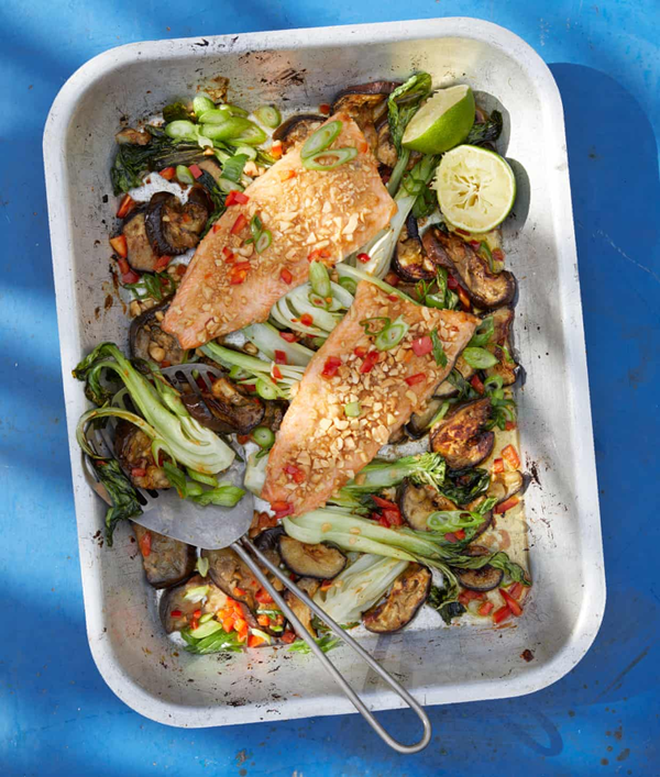 Miso trout with aubergine, pak choi and peanuts