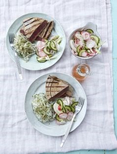 Miso tuna with pickled vegetable salad and nori noodles