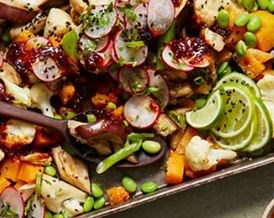 Miso veg traybake with edamame, radish & chilli-garlic drizzle
