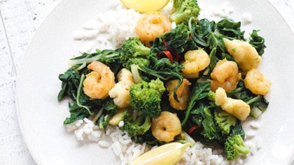 'Misticanza' of cauliflower, broccoli, spinach and silverbeet with prawns and rice