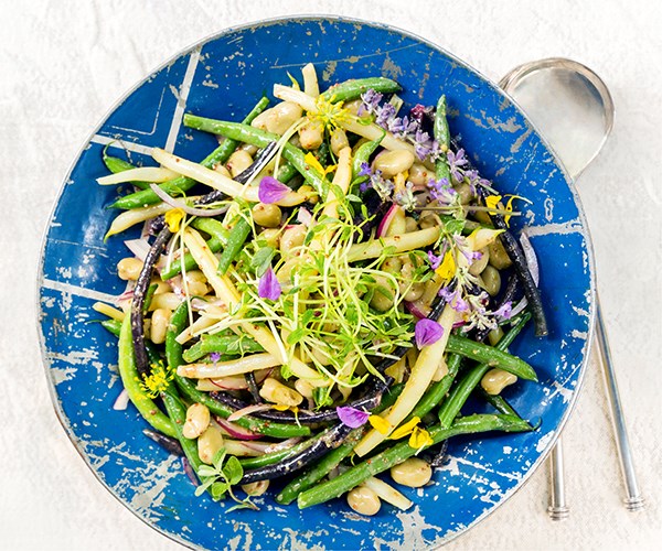 Mixed bean and pea-shoot salad with red onion vinaigrette