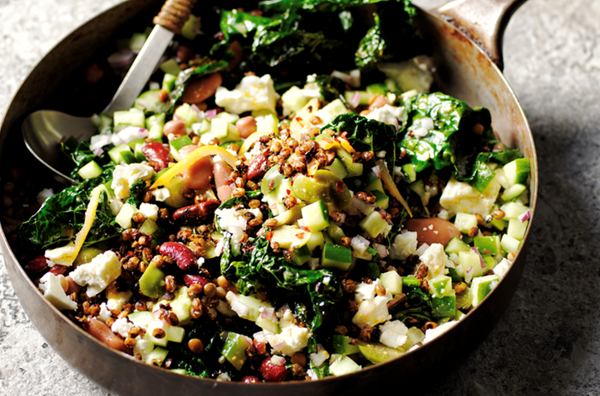 Mixed beans with olives, greens and feta