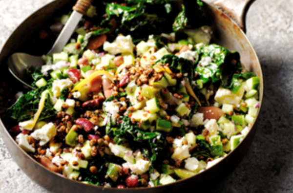 Mixed beans with olives, greens and feta