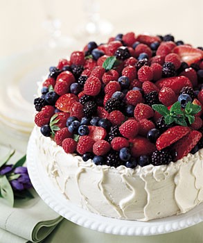 Mixed-berry chiffon cake with almond cream cheese frosting