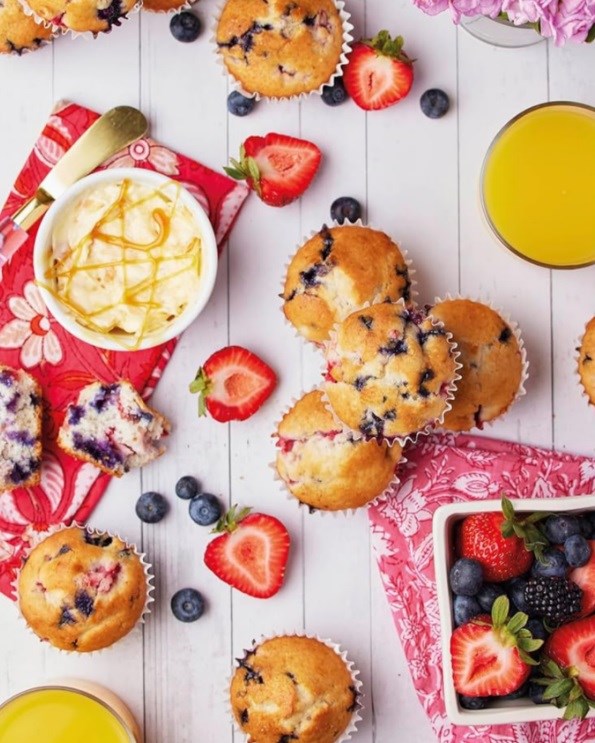 Mixed berry muffins with honey butter