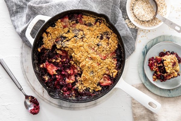 Mixed berry skillet cobbler with shortbread crumble