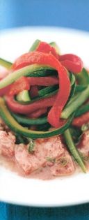 Mixed fish tartare with grilled capsicum and courgette julienne