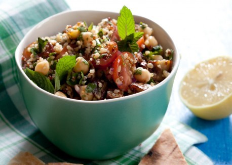 Mixed-grain tabbouleh with roasted eggplant, chickpeas, and mint