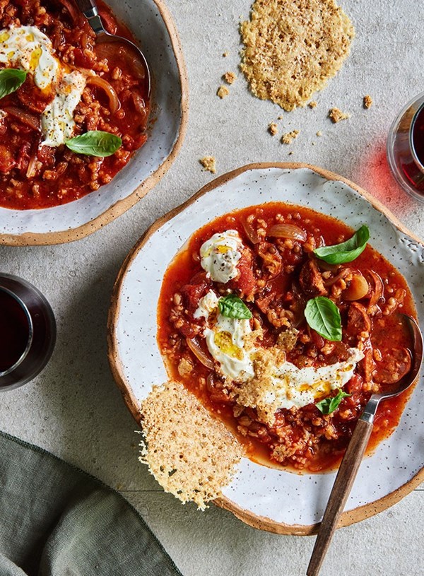 Mixed grains, tomato and chorizo soup