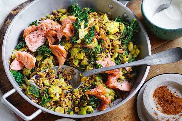 Mixed grains with greens, smoked trout and yoghurt