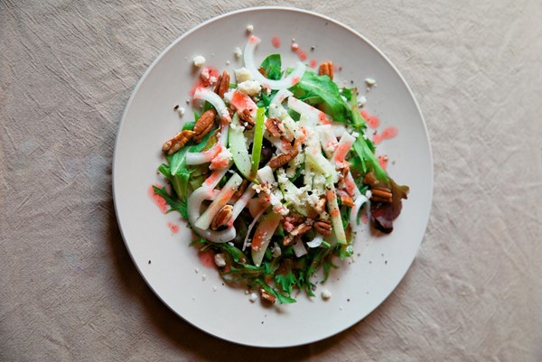 Mixed greens and dandelion with jicama and prickly pear vinaigrette