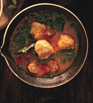 Mixed-greens and sausage soup with cornmeal dumplings