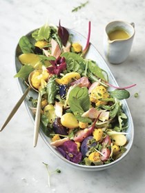 Mixed greens potato salad with cauliflower and smoked trout