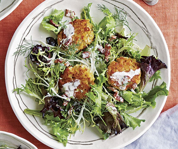Mixed greens with fennel-Parmesan fritters and bacon-buttermilk dressing
