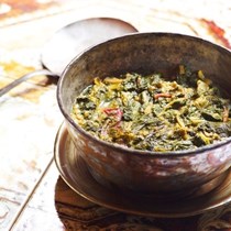 Mixed greens with rhubarb, leeks, and dill