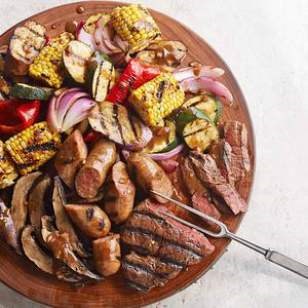 Mixed grill with balsamic-mustard vegetables