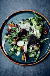 Mixed lettuces with yogurt dressing & warm croutons