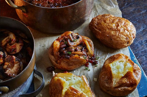 Mixed mushroom chilli with baked potatoes