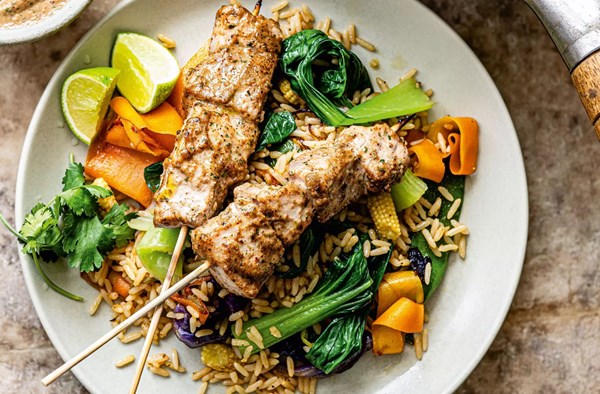 Mixed nut tuna satay with stir fried vegetable rice