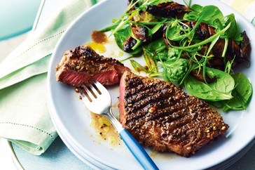Mixed pepper crusted steak with mushroom salad