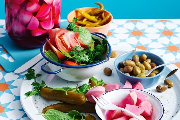 Mixed pickles, herbs and fresh vegetables