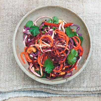 Mixed raw vegetables and cashew nuts in chilli, soy and ginger dressing