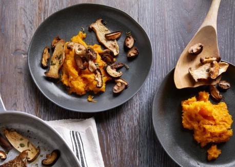 Mixed roasted mushrooms over creamy butternut purée
