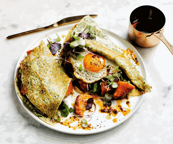 Mixed seed and spice crêpes with roasted pumpkin