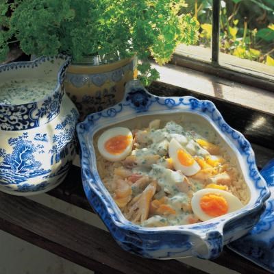 Mixed smoked fish kedgeree with a crème fraîche and parsley sauce