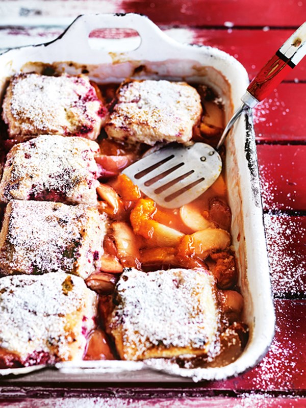 Mixed stone fruit cobbler with raspberry and buttermilk biscuits