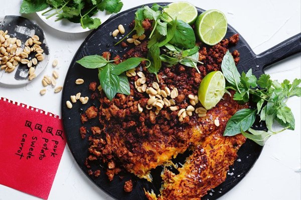 Mixed-veg rosti with sticky pork mince and herb salad