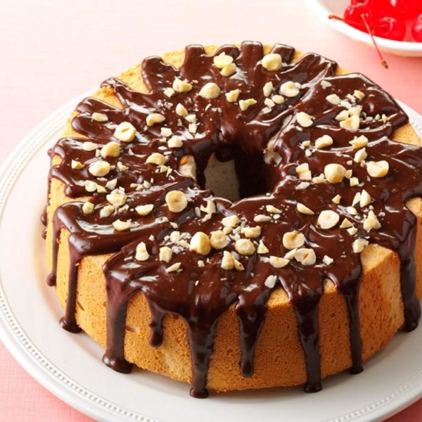Mocha-hazelnut glazed angel food cake