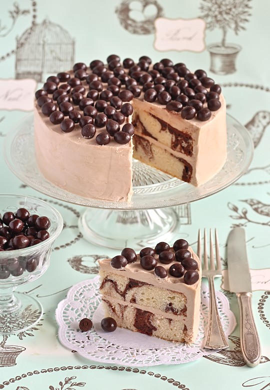 Mocha marble cake with choc coffee beans