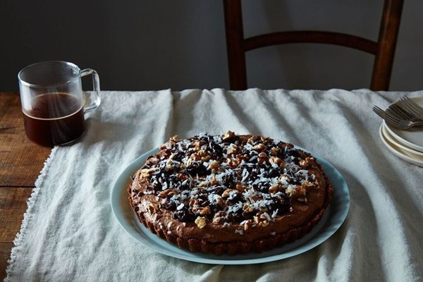Mocha whiskey mousse tart with pretzel crust