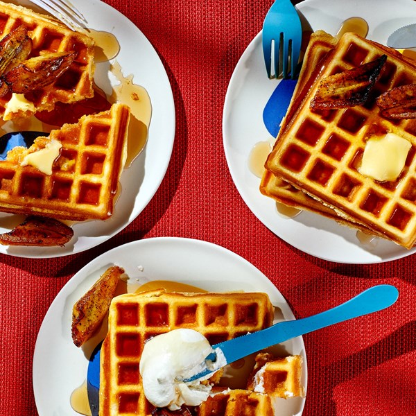 Mochi waffles with maple-brown butter bananas [Hua Hsu]