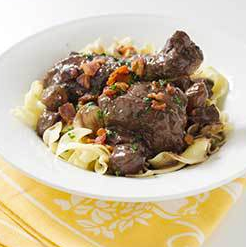 Modern chicken in red wine sauce (Coq au vin)