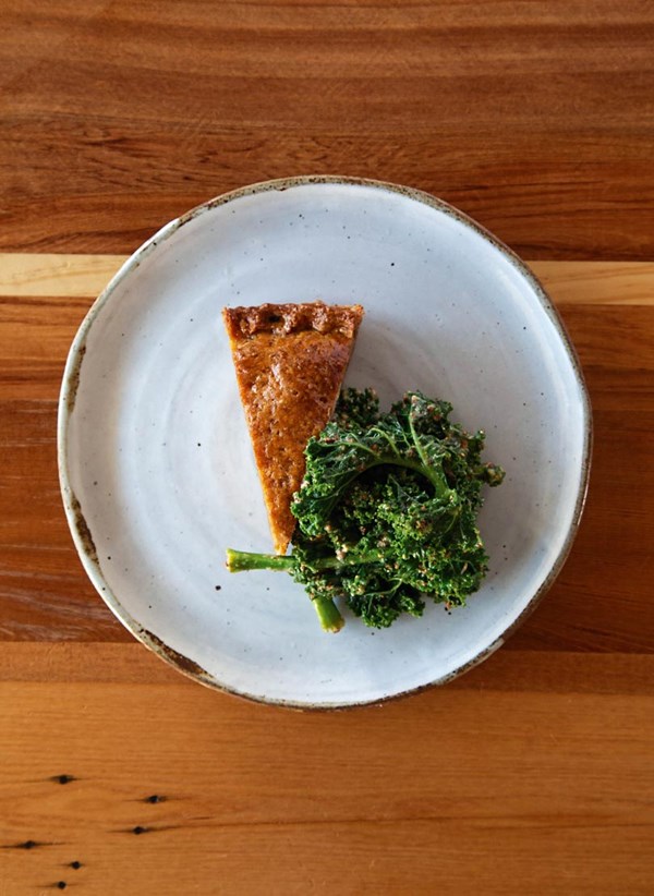 Moi moi pie & mustardy greens