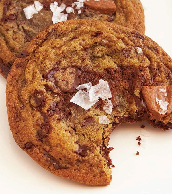 Moist chocolate chunk cookies with flake sea salt