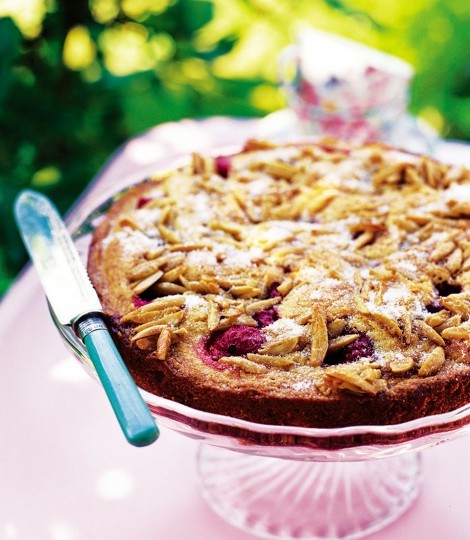 Moist gooseberry, orange and almond dimple cake