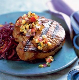 Molasses-brined pork chops with roasted corn salsa