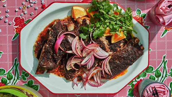 Mole-spiced ribs with orange and pickled onion