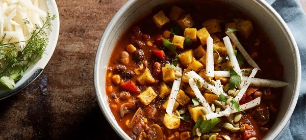 Mole-style chili with tamale croutons 