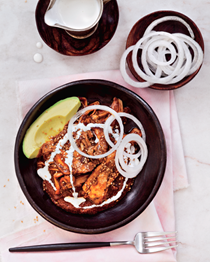 Mole teff and chicken with avocado and crema