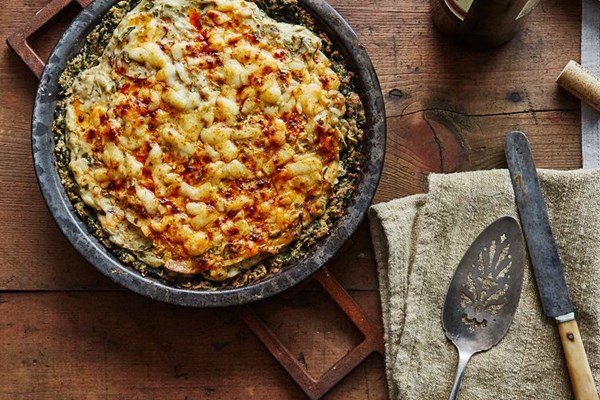 Mollie Katzen's mushroom yogurt pie with spinach crust